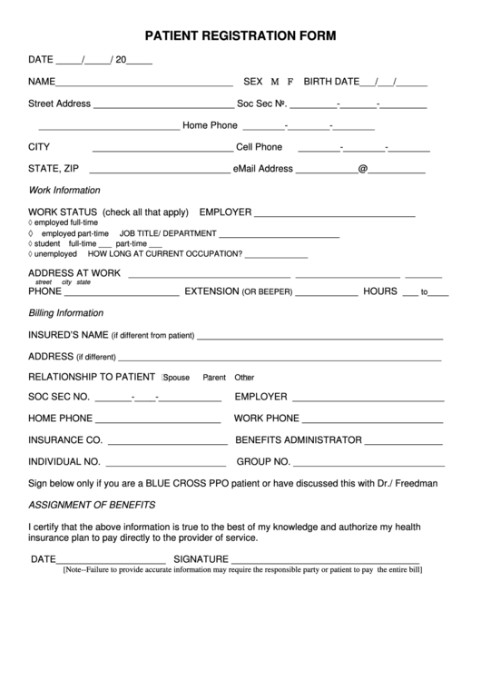 Patient Registration Form printable pdf download