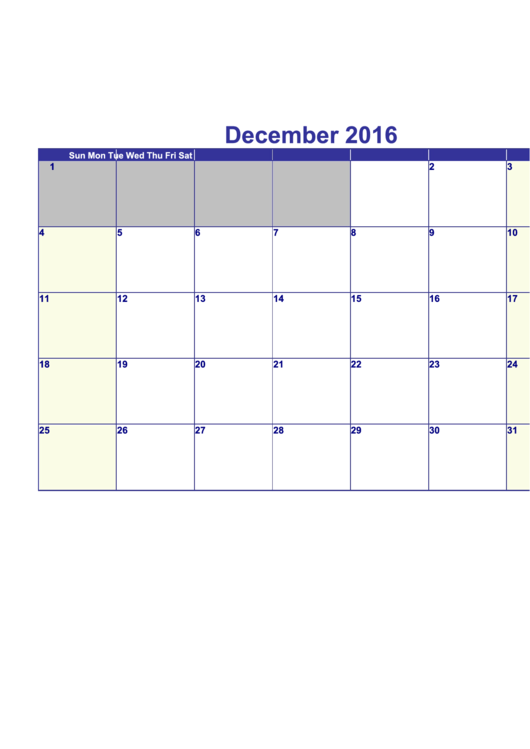 December 2016 Calendar Template - Horizontal Printable pdf
