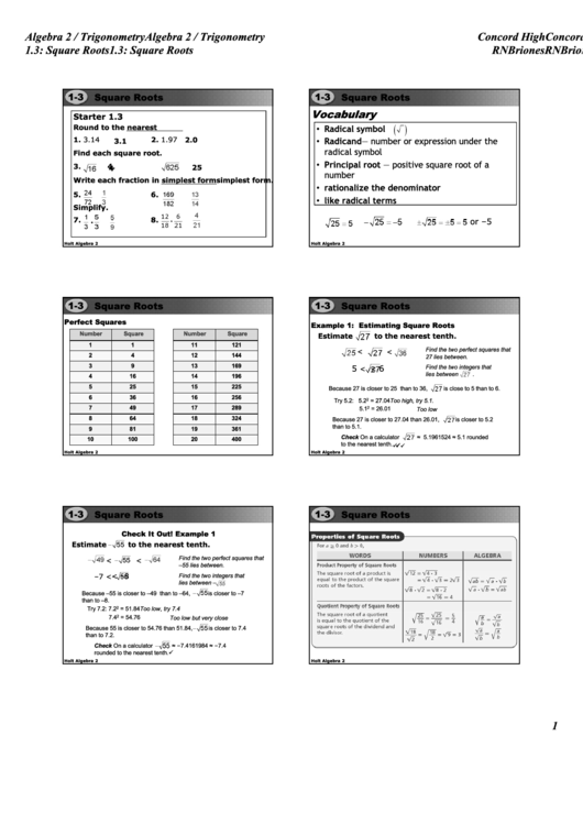 Algebra 2 / Trigonometry 1.3: Square Roots Printable pdf
