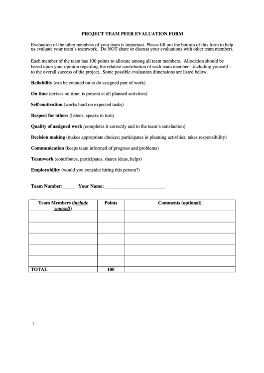 Project Team Peer Evaluation Form Printable pdf