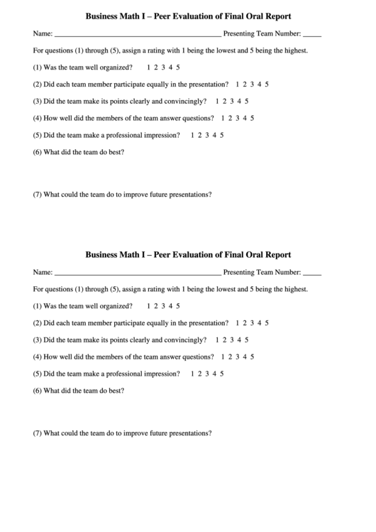 Peer Evaluation Of Final Oral Report Printable pdf