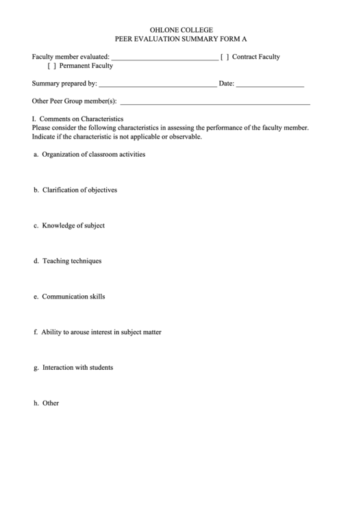 Peer Evaluation Summary Form A Printable pdf
