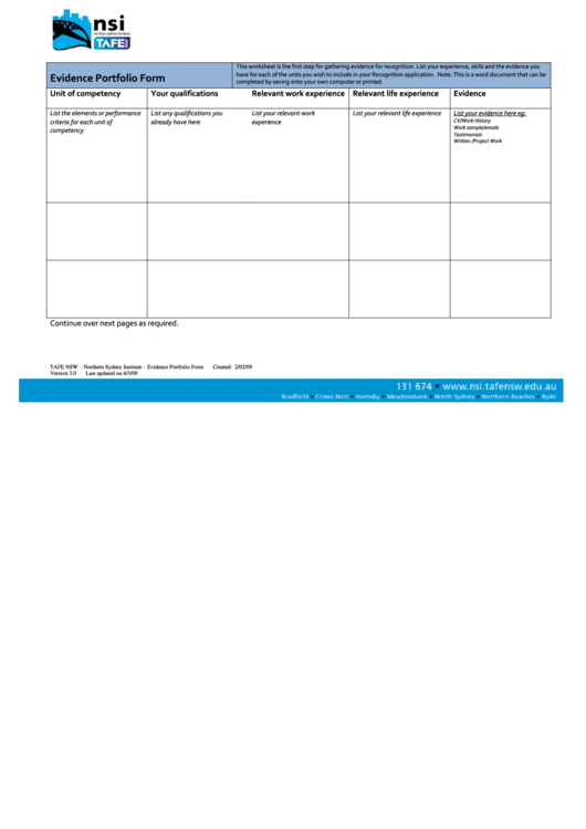 Evidence Portfolio Form Printable pdf