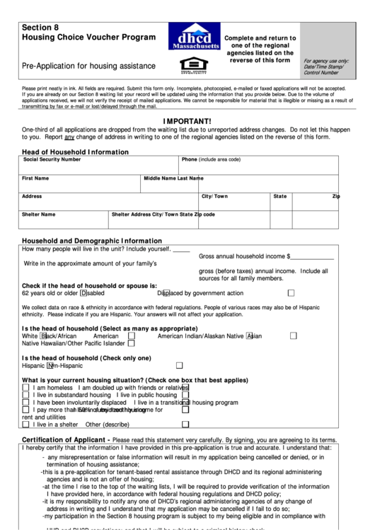Housing Choice Voucher Program - Pre-Application For Housing Assistance Printable pdf