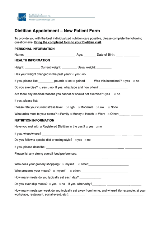 Dietitian Appointment - New Patient Form Printable pdf