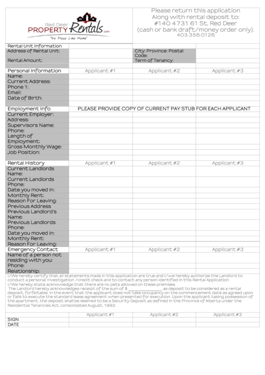 Rental Application Form - Red Deer Property Rentals Printable pdf