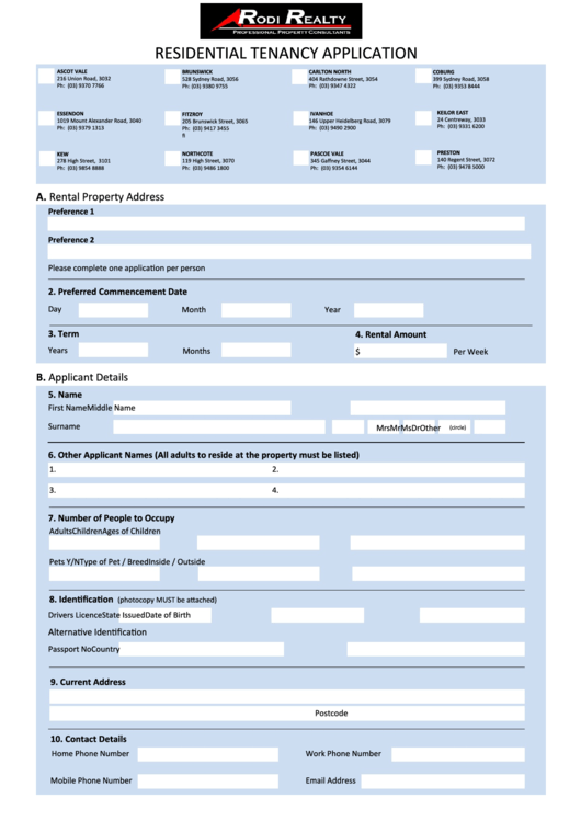Residential Tenancy Application - Rodi Professionals Printable pdf