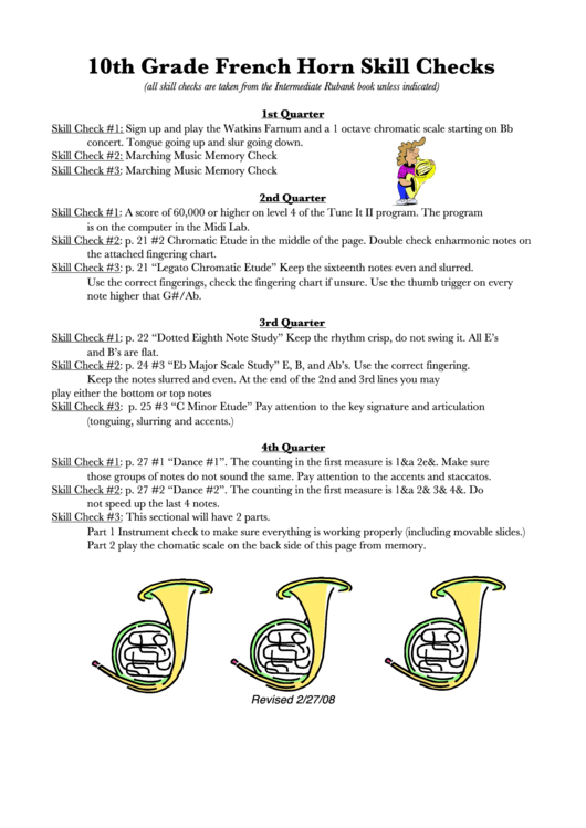 10th Grade French Horn Skill Checks Printable pdf