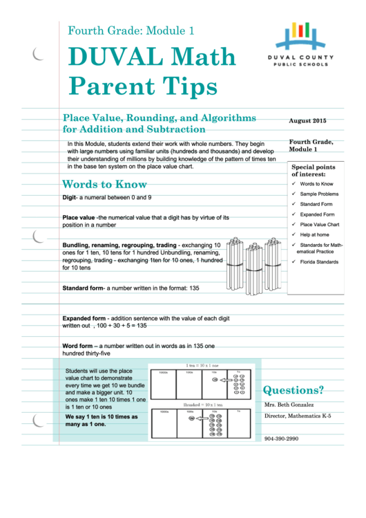 Math Parent Tips - Place Value Worksheet Printable pdf