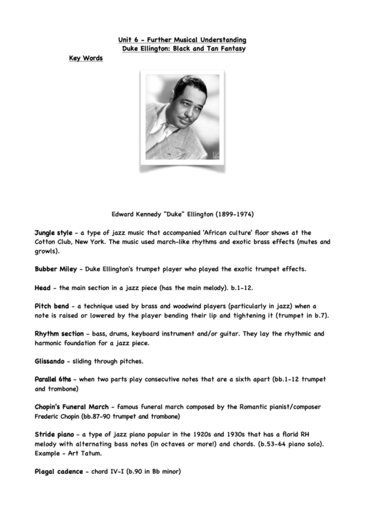 Duke Ellington Black And Tan Fantasy Printable pdf