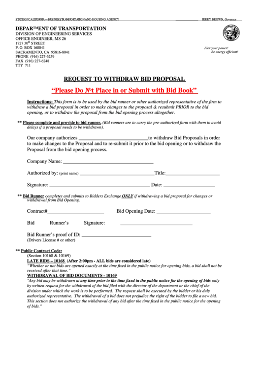 Request To Withdraw Bid Proposal Form Printable pdf