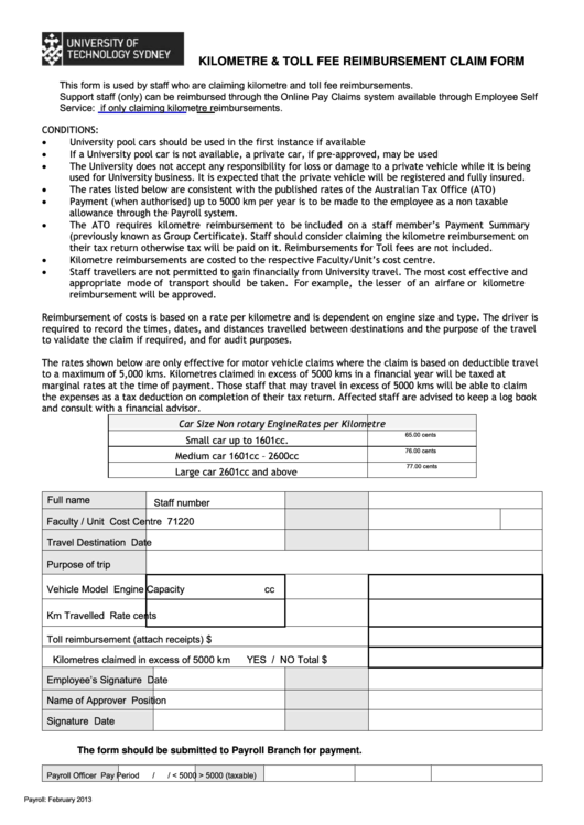 Kilometre Reimbursement Claim Form Printable pdf