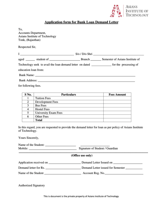 Application Form For Bank Loan Demand Letter Printable pdf