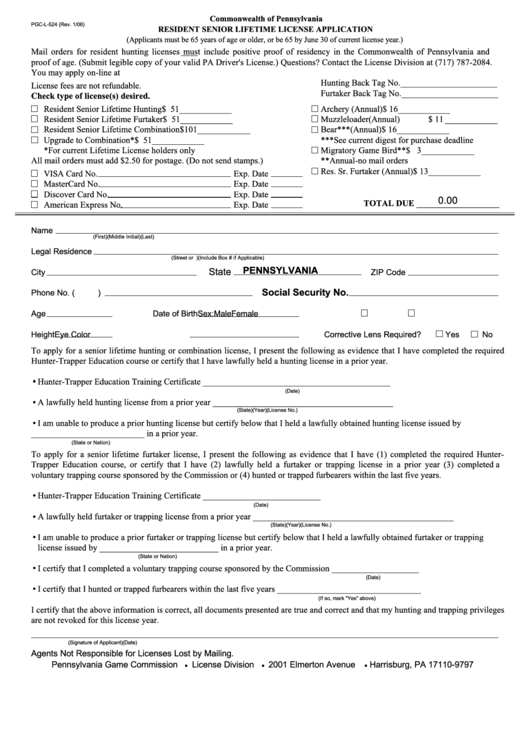 Pgc-L-524 - Resident Senior Lifetime License Application Printable pdf