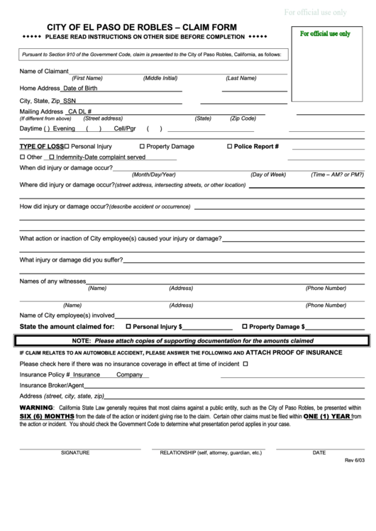 City Of El Paso De Robles - Claim Form Printable pdf