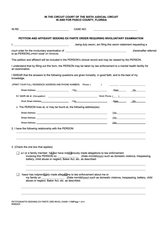 Petition And Affidavit Seeking Ex Parte Order Requiring Involuntary Examination Form - Pasco County, Florida Printable pdf