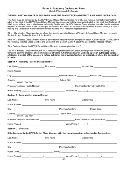 Form 3 - Statutory Declaration Form Printable pdf