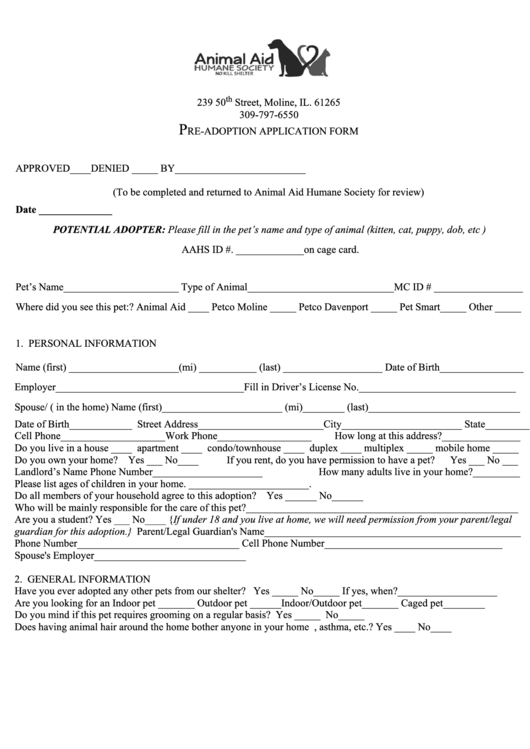 Pre-Adoption Application Form Printable pdf
