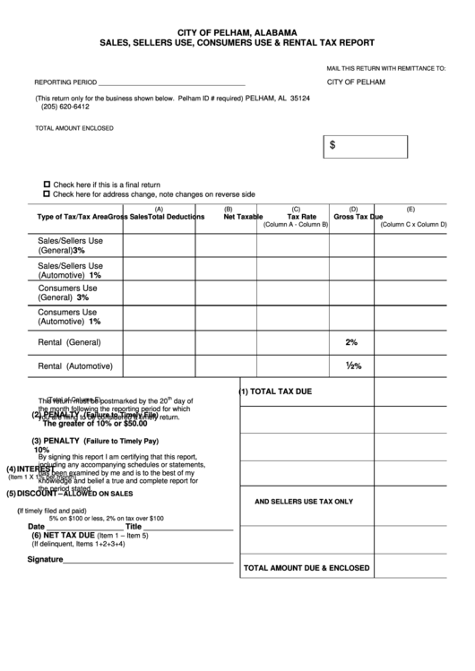 Sales, Sellers Use, Consumers Use & Rental Tax Report Form Printable pdf