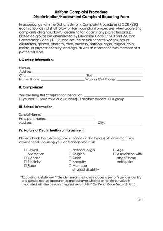 Discrimination/harassment Complaint Form Printable pdf