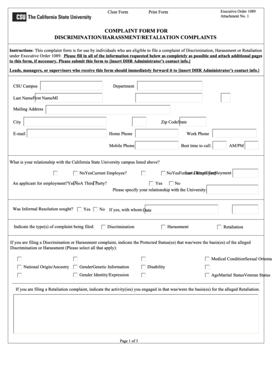 Fillable Complaint Form For Discrimination/harassment/retaliation Complaints Printable pdf