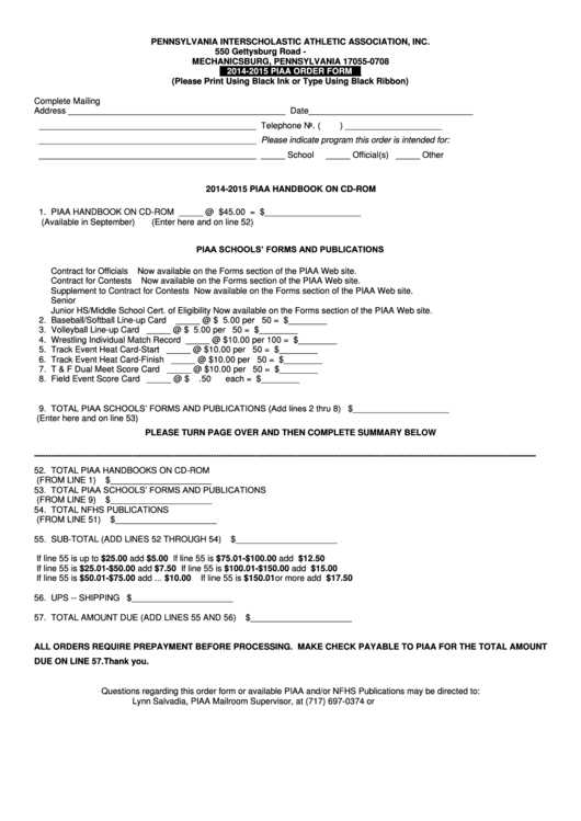 Piaa Order Form Printable pdf