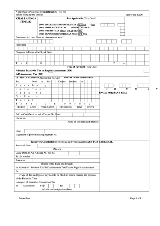 Challan No./ Itns 282 - Tax Form Printable pdf