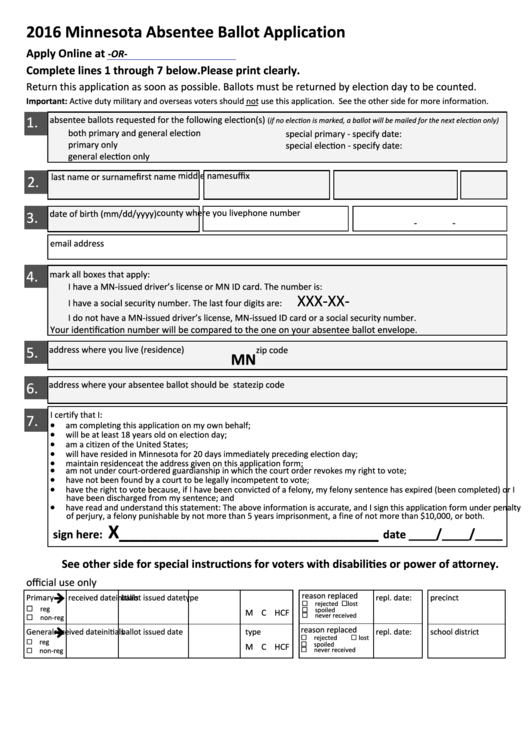 Minnesota Absentee Ballot Application Form - 2016 Printable pdf