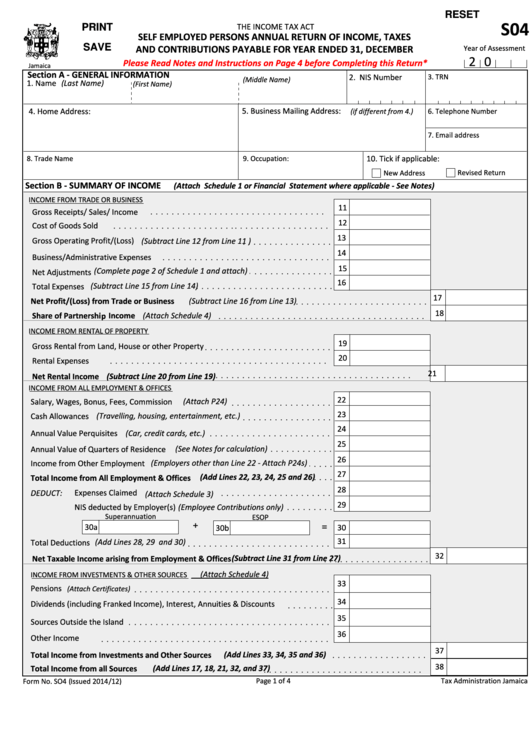 Form No. So4 - Self Employed Persons Annual Return Of Income, Taxes And Contributions Payable For Year Ended 31, December Printable pdf