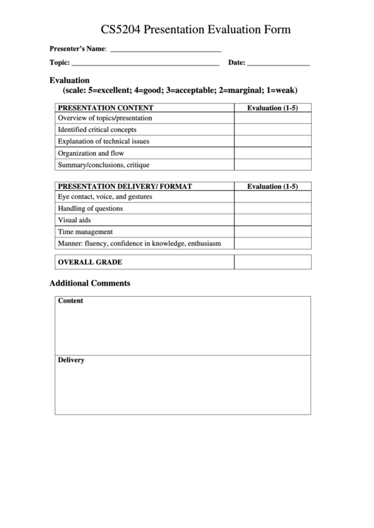 Cs5204 Presentation Evaluation Form Printable pdf