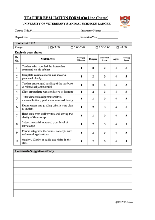 Teacher Evaluation Form (On Line Course) Printable pdf