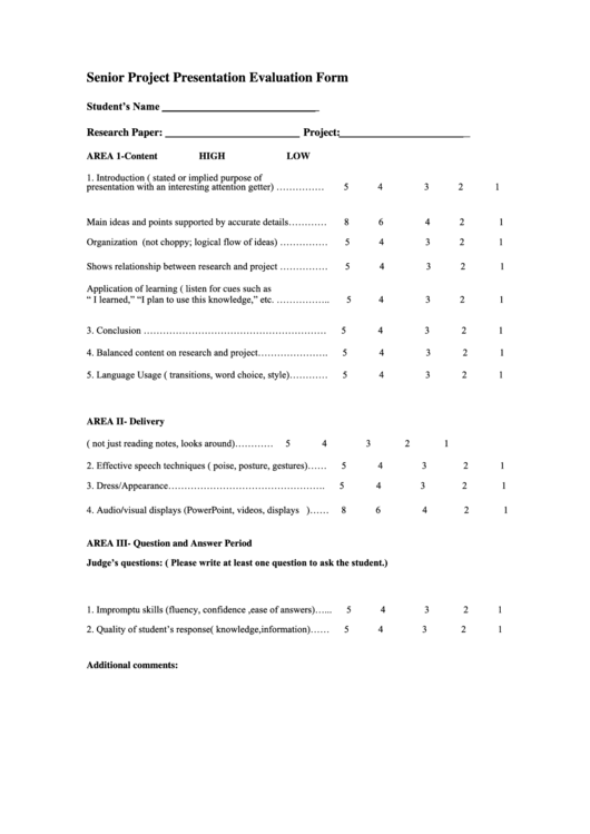 Senior Project Presentation Evaluation Form Printable pdf