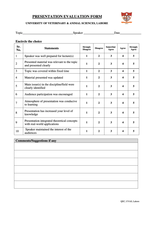 Presentation Evaluation Form Printable pdf