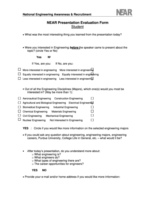 National Engineering Awareness & Recruitment Presentation Evaluation Form