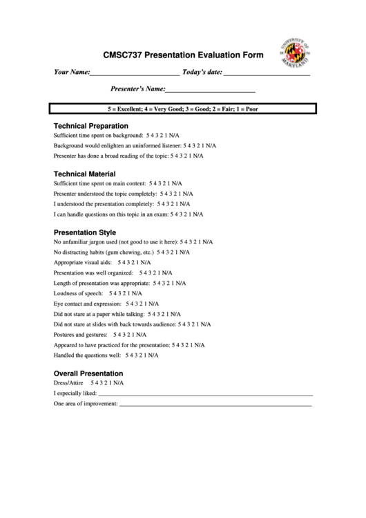 Cmsc737 Presentation Evaluation Form Printable pdf