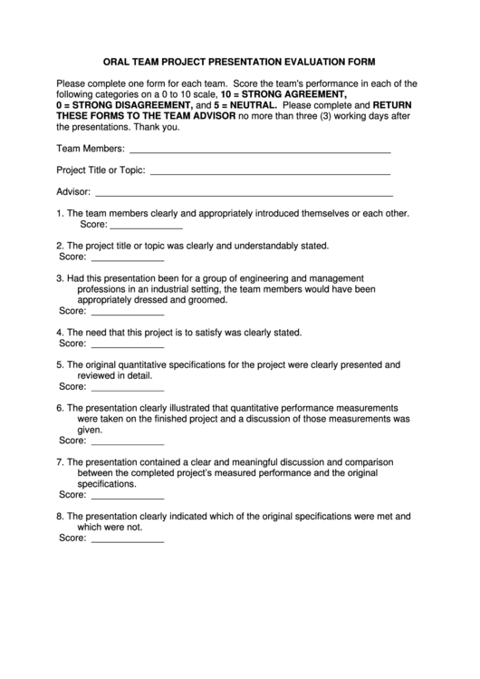 Oral Team Project Presentation Evaluation Form Printable pdf