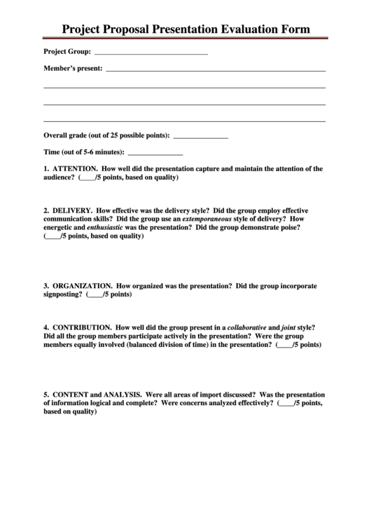 Project Proposal Presentation Evaluation Form Printable pdf
