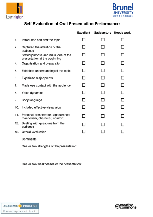 Self Evaluation Of Oral Presentation Performance Printable pdf