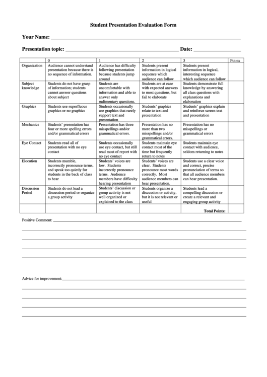 Student Presentation Evaluation Form With Topic Printable pdf