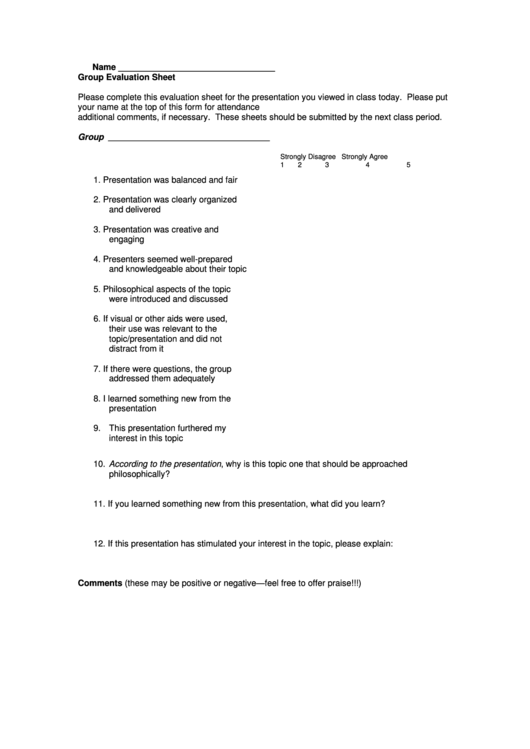 Group Evaluation Sheet Printable pdf