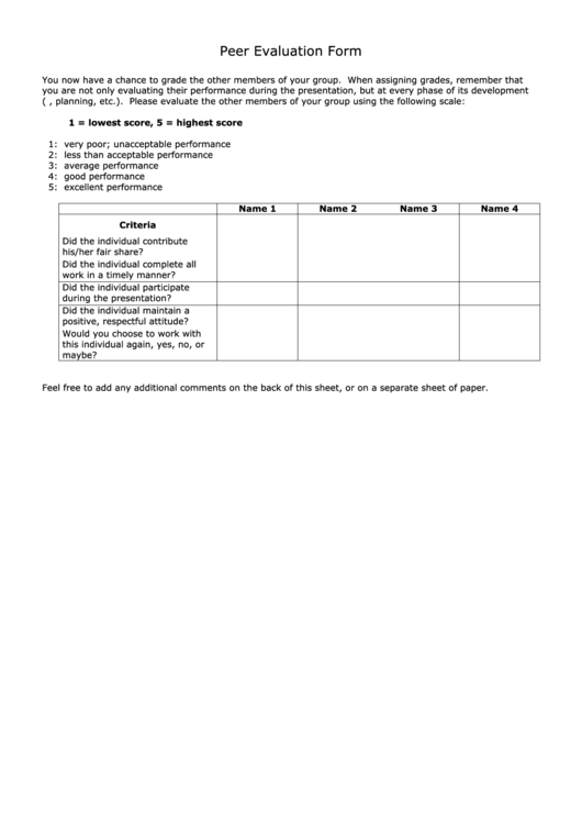 Peer Evaluation Form Printable pdf