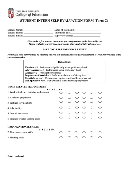 Student Intern Self Evaluation Form (Form C) Printable pdf