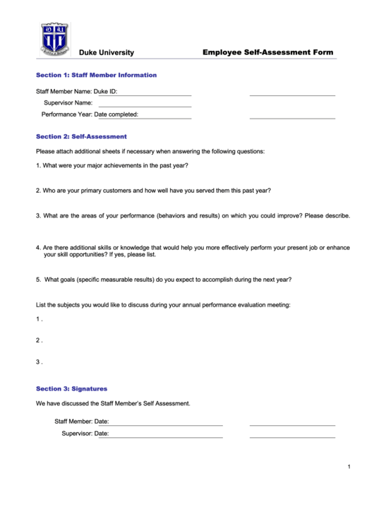 Fillable Employee Self-Assessment Form Printable pdf