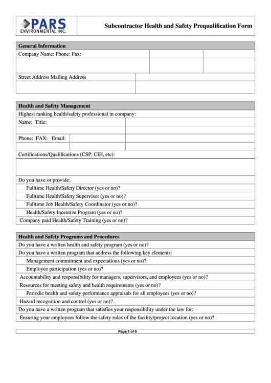 Subcontractor Health And Safety Prequalification Form