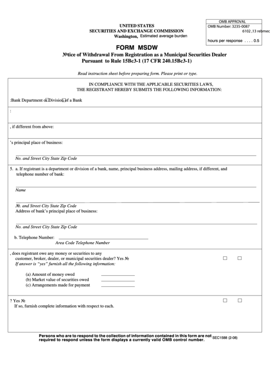 Form Msdw - Notice Of Withdrawal From Registration As A Municipal Securities Dealer Printable pdf
