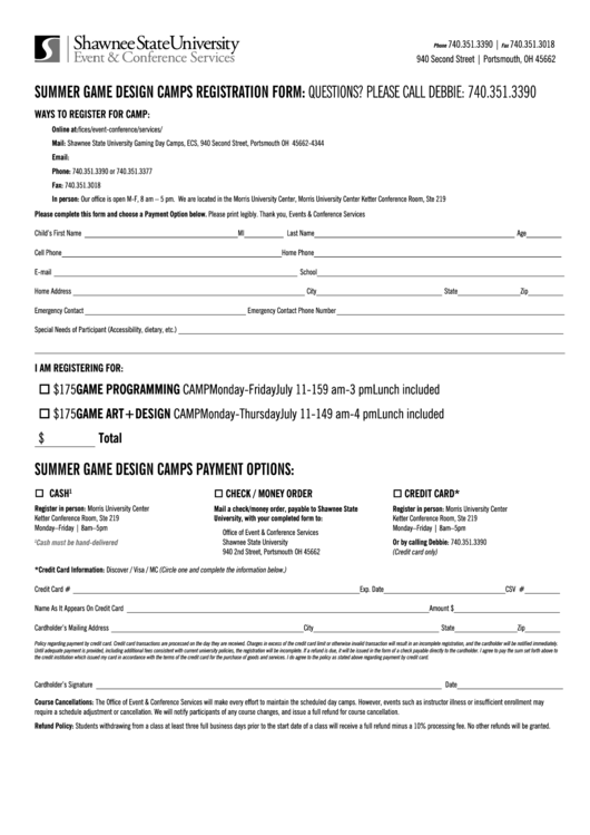 Summer Game Design Camps Registration Form Printable pdf