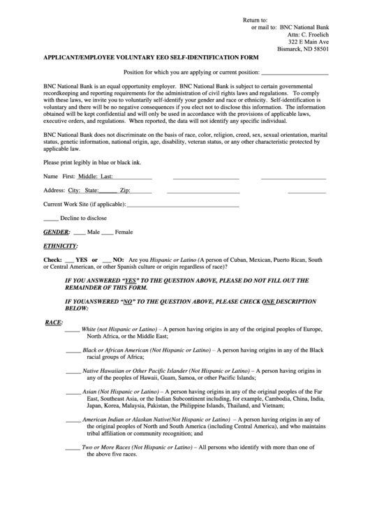 Voluntary Application Eeo Self-Identification Form Printable pdf