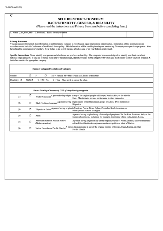 Fillable Self Identification Form Race/ethnicity, Gender, & Disability Printable pdf