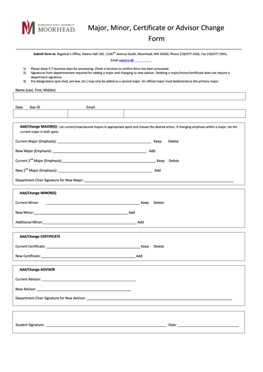 Fillable Moorhead Major, Minor, Certificate Or Advisor Change Form Printable pdf