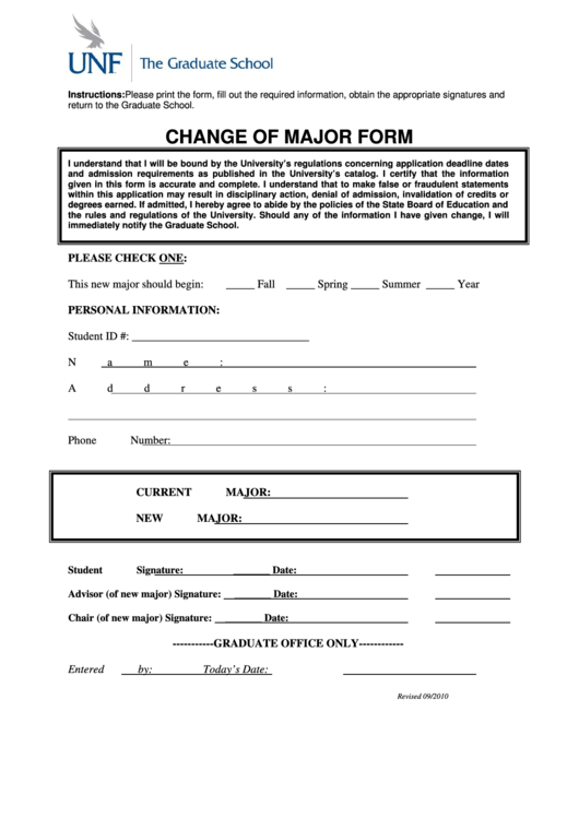 Unf Change Of Major Form Printable pdf